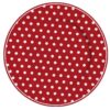 A rotundă Farfurie de Desert din Porțelan Polka Dot Roșie, 19 cm, cu un fundal roșu împodobit cu buline albe distribuite uniform. Farfuria de portelan are o margine usor ridicata care isi pastreaza designul consecvent cu buline.